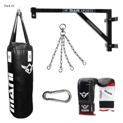 Mani Fixed Wall Bracket + 4ft Punching Bag + Mitts + Bag Chain + Hook Set Pack - Black
