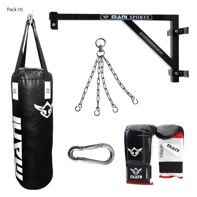 Mani Fixed Wall Bracket + 4ft Punching Bag + Mitts + Bag Chain + Hook Set Pack - Black