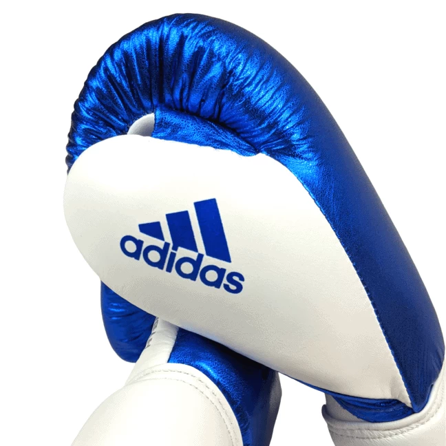 Adidas Hybrid 400 Lace Up Leather Boxing Gloves - Metallic Blue / White - Image 5