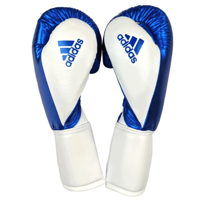 Adidas Hybrid 400 Lace Up Leather Boxing Gloves - Metallic Blue / White - Image 3