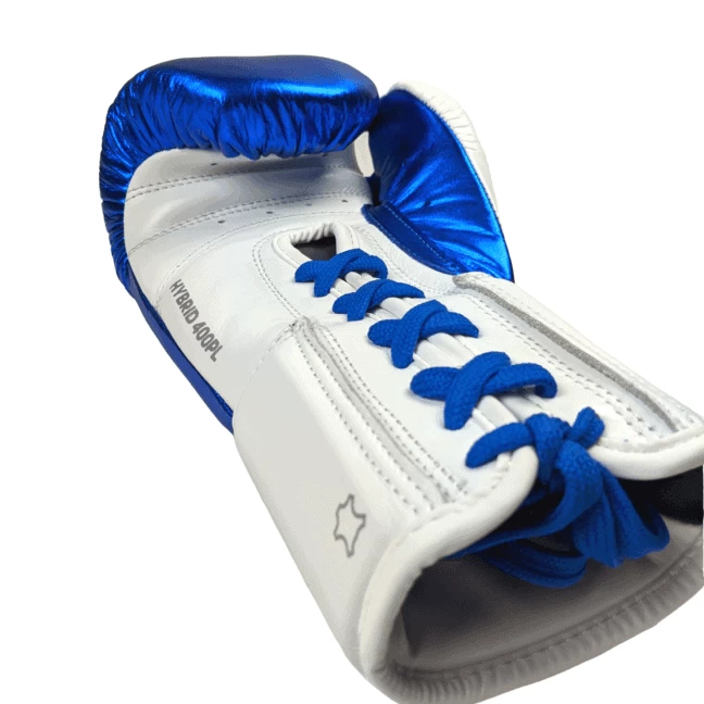 Adidas Hybrid 400 Lace Up Leather Boxing Gloves - Metallic Blue / White - Image 4