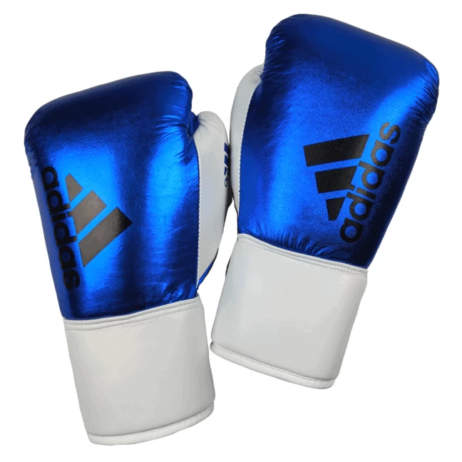 Adidas Hybrid 400 Lace Up Leather Boxing Gloves - Metallic Blue / White - Image 2