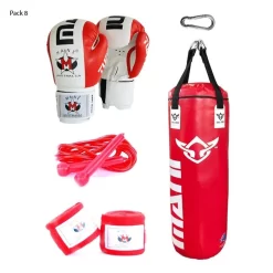 Mani 3ft Punching Bag + Boxing Gloves + Speed Rope + Hand Wraps + Snap Hook Set Pack - Red