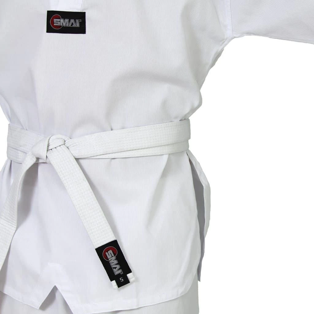 SMAI TKD Uniform 8oz Ribbed Student Dobok (White V-Neck) Gi + White Belt - Image 3