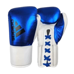 Adidas Hybrid 400 Lace Up Leather Boxing Gloves - Metallic Blue / White