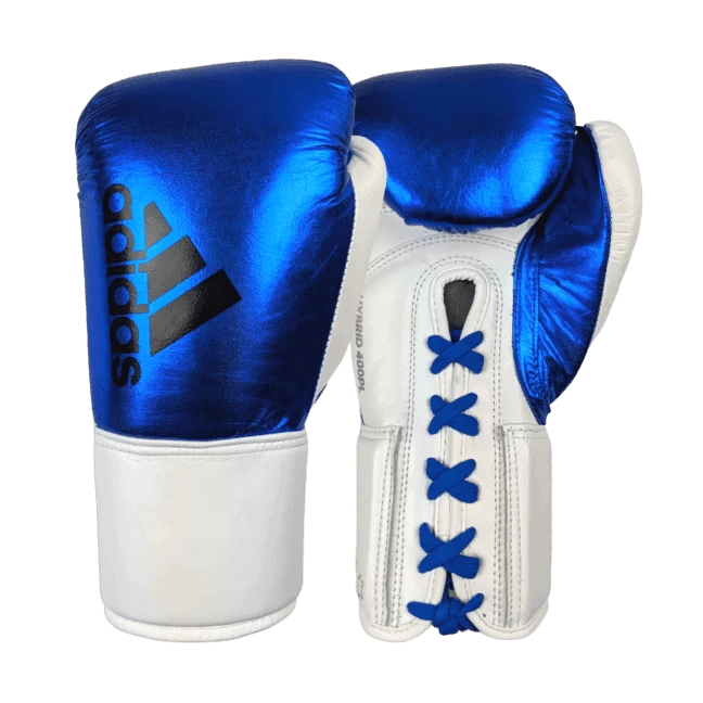 Adidas Hybrid 400 Lace Up Leather Boxing Gloves - Metallic Blue / White